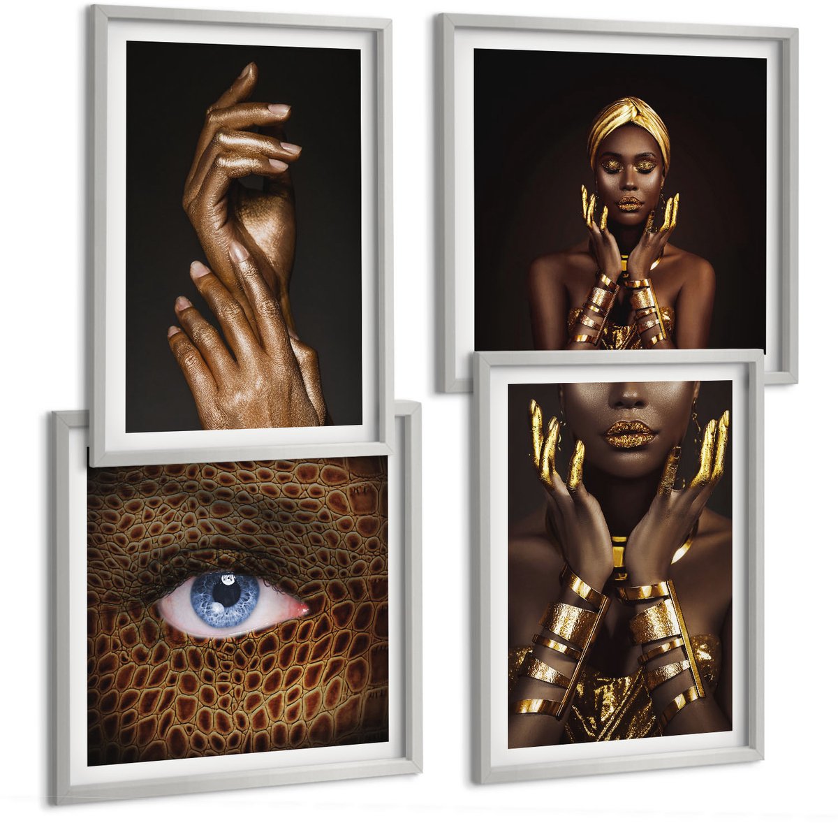Coloray 4-Delige Schilderij Set - Elegante Portretten Van Een Afrikaanse Vrouw - 40 x 40 cm En 40 x 60 cm - Schilderijen Set - Wanddecoratie - Woonkamer - Woonkamer Decoratie