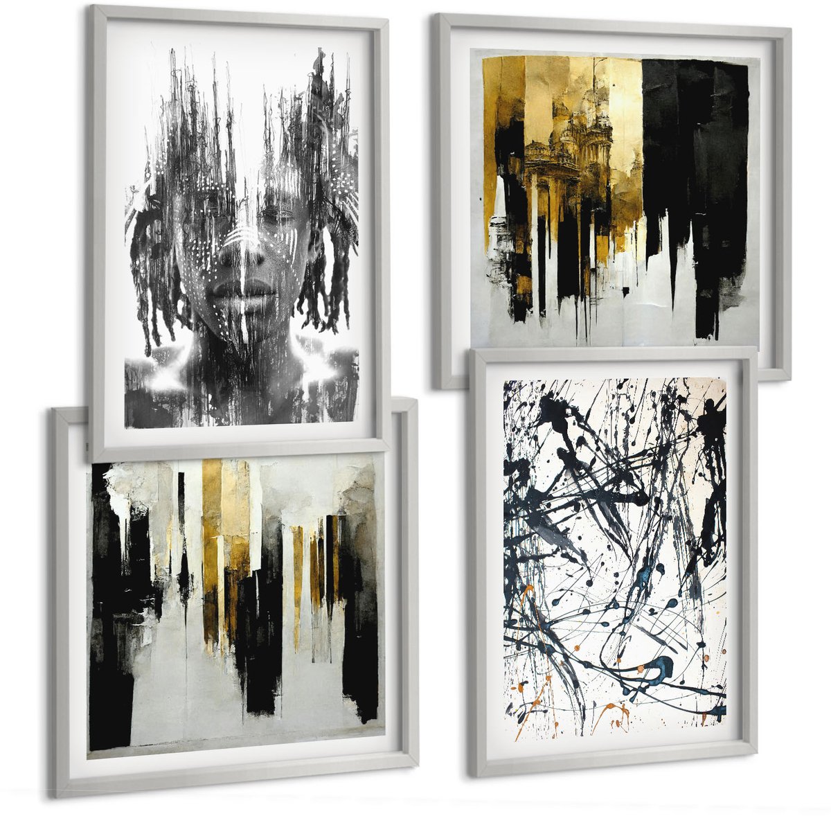 Coloray 4-Delige Schilderij Set - Contrasterende Abstracties Met Portret En Architectuur - 40 x 40 cm En 40 x 60 cm - Stijlvolle Muurdecoratie - Kantoor - Woonkamer Decoratie
