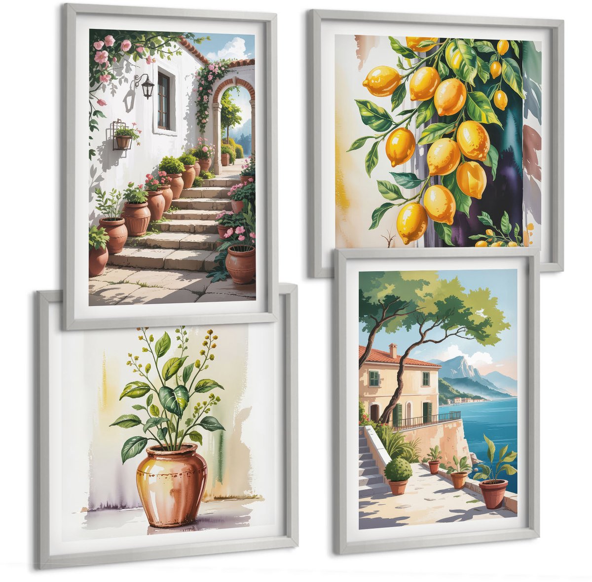 Coloray 4-Delige Schilderij Set - Citroenen Tegen Een Achtergrond Van Bloemen En Uitzicht Op Zee. - 40 x 40 cm En 40 x 60 cm - Muurdecoratie - Decoratieve Schilderijen - Wohnzimmer - Woonkamer Decoratie