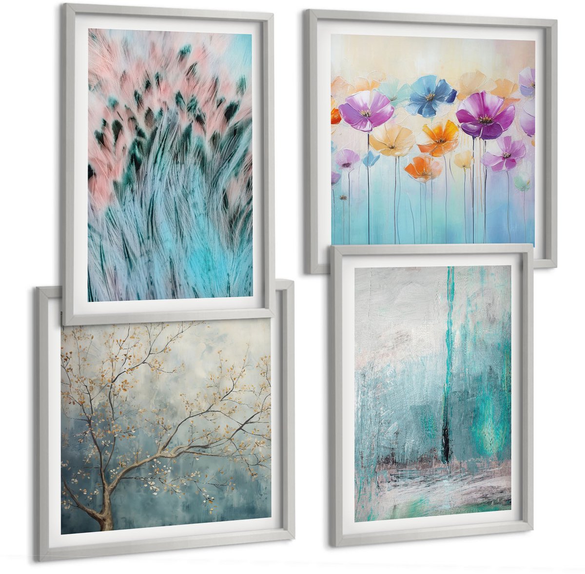 Coloray 4-Delige Schilderij Set - Bloemen Op Een Achtergrond Van Pastelkleuren En Delicate Patronen. - 40 x 40 cm En 40 x 60 cm - Wanddecoratie - Schilderijen Set - Interieur - Interieur Decoratie