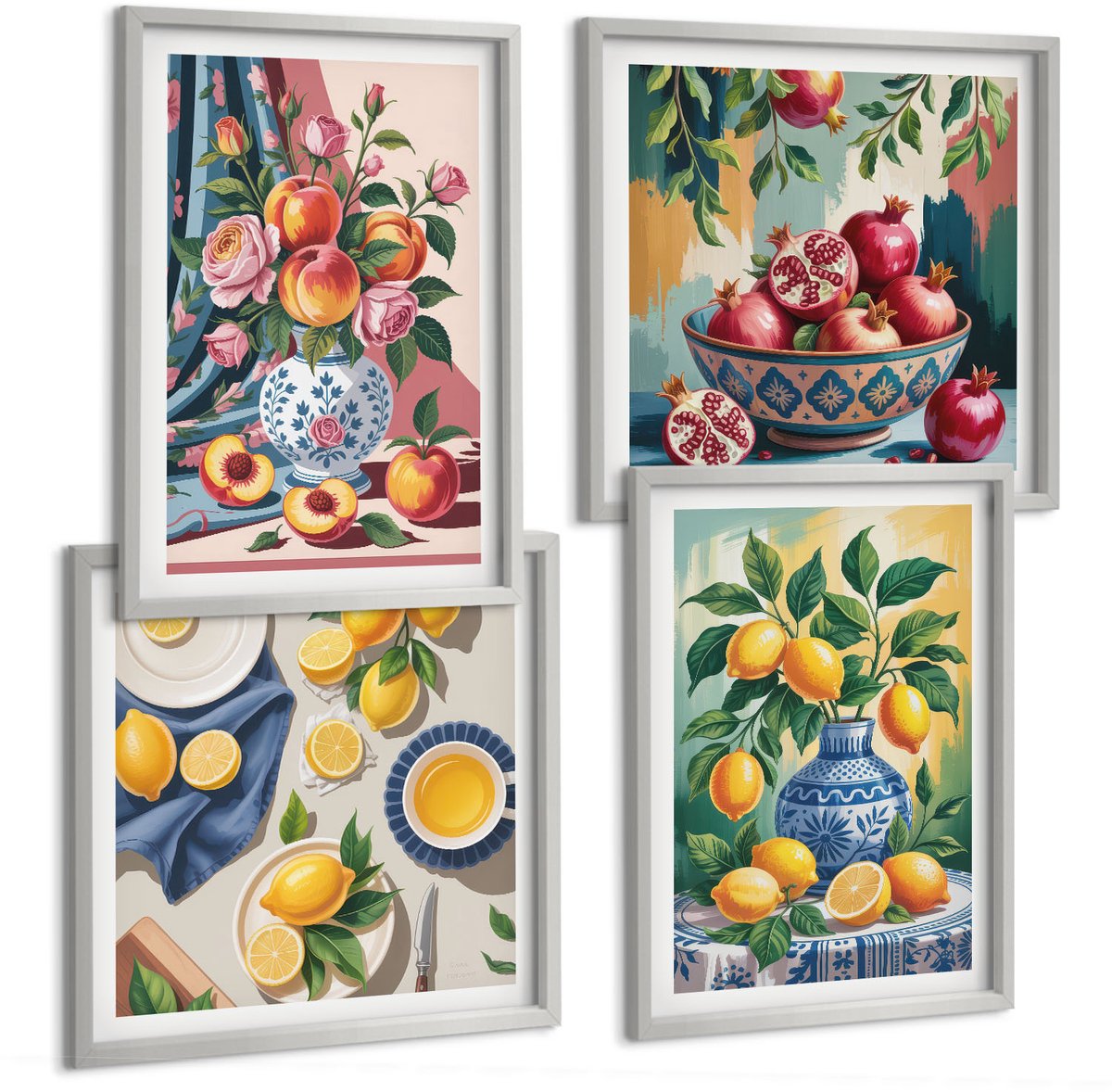 Coloray 4-Delige Schilderij Set - Geschilderde Bloemen En Fruit In Vazen - 40 x 40 cm En 40 x 60 cm - Muurdecoratie - Interieur Decoratie - Moderne Wanddecoratie