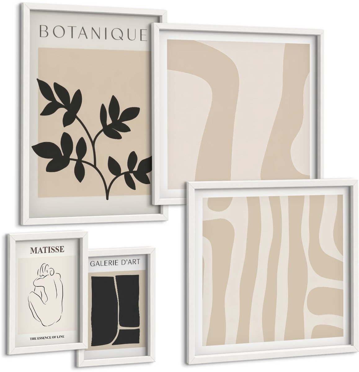 Coloray 5-Delige Schilderij Set - Stijlvolle Afbeeldingen Met Plantmotieven En Abstracte Vormen. - 50 x 50 cm, 20 x 30 cm En 40 x 60 cm - Wanddecoratie - Schilderijen Set - Interieur