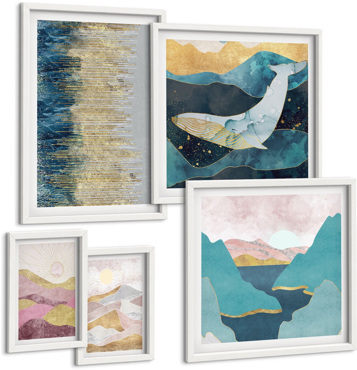 Coloray 5-Delige Schilderij Set - Abstracte Berg- En Zeegezichten In Een Moderne Stijl. - 50 x 50 cm, 20 x 30 cm En 40 x 60 cm - Schilderijen Set - Wanddecoratie - Woonkamer - Woonkamer Decoratie
