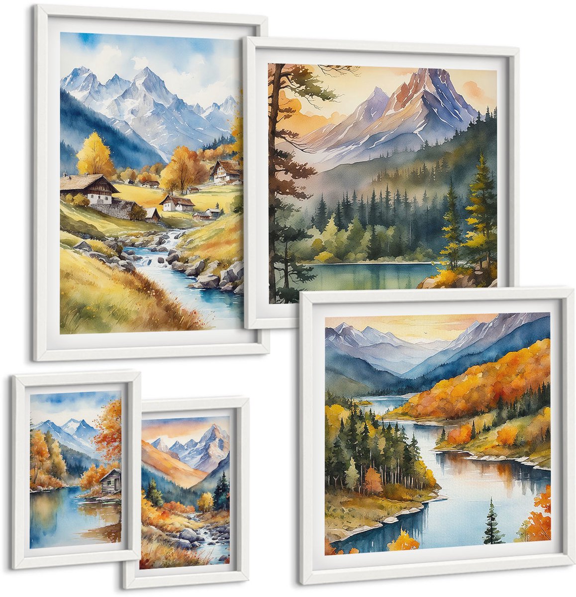 Coloray 5-Delige Schilderij Set - Berglandschappen Met Pittoreske Valleien En Rivieren - 50 x 50 cm, 20 x 30 cm En 40 x 60 cm - Schilderijen Set - Wanddecoratie - Woonkamer - Interieur Decoratie