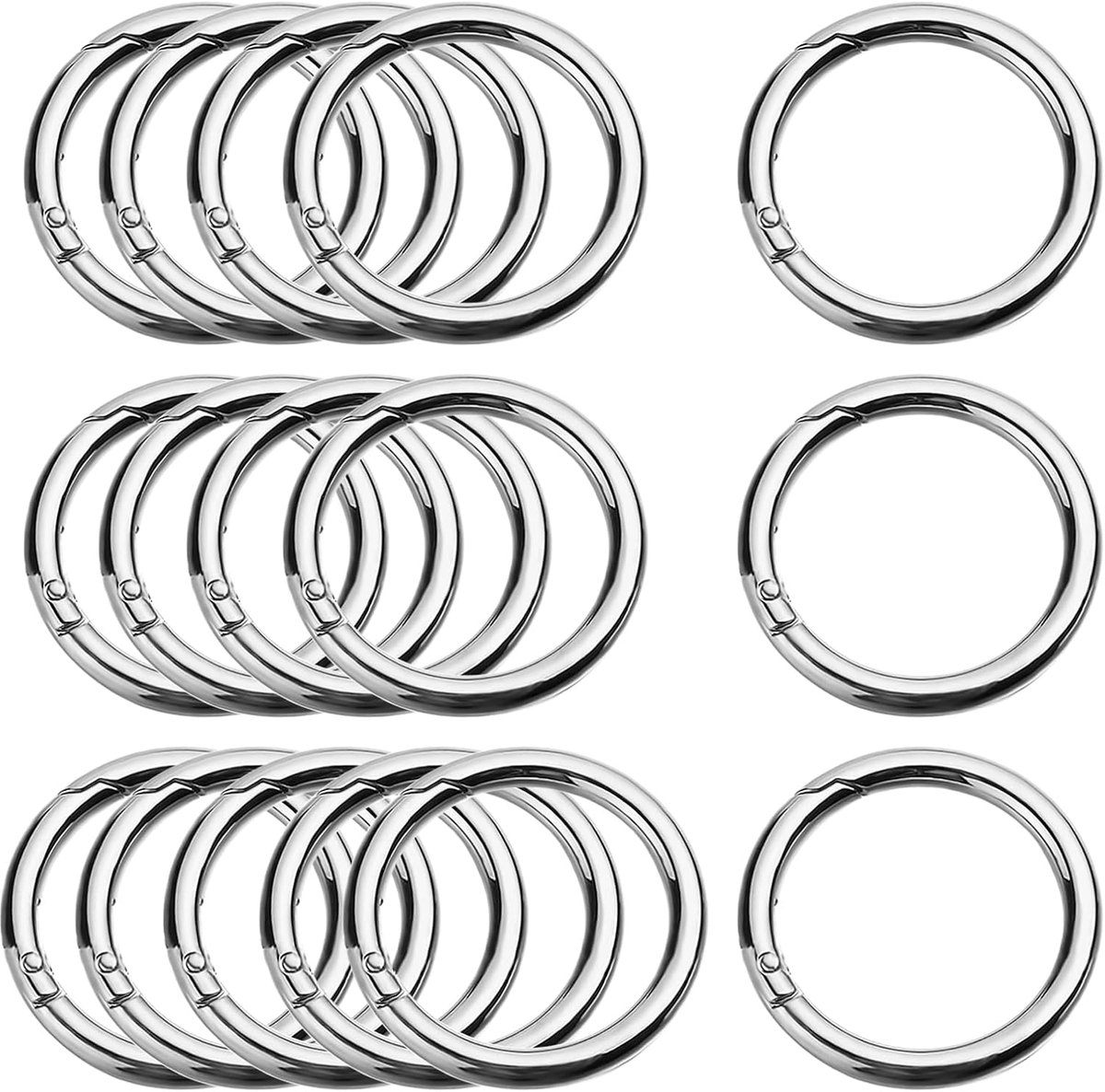 16 stuks ronde karabijnhaken, 40 mm zinklegering, ronde karabijnring, grote veersplitringen, sleutelring, O-ring voor sleutelhanger, tas, portemonnee, doe-het-zelf handwerk, zilver