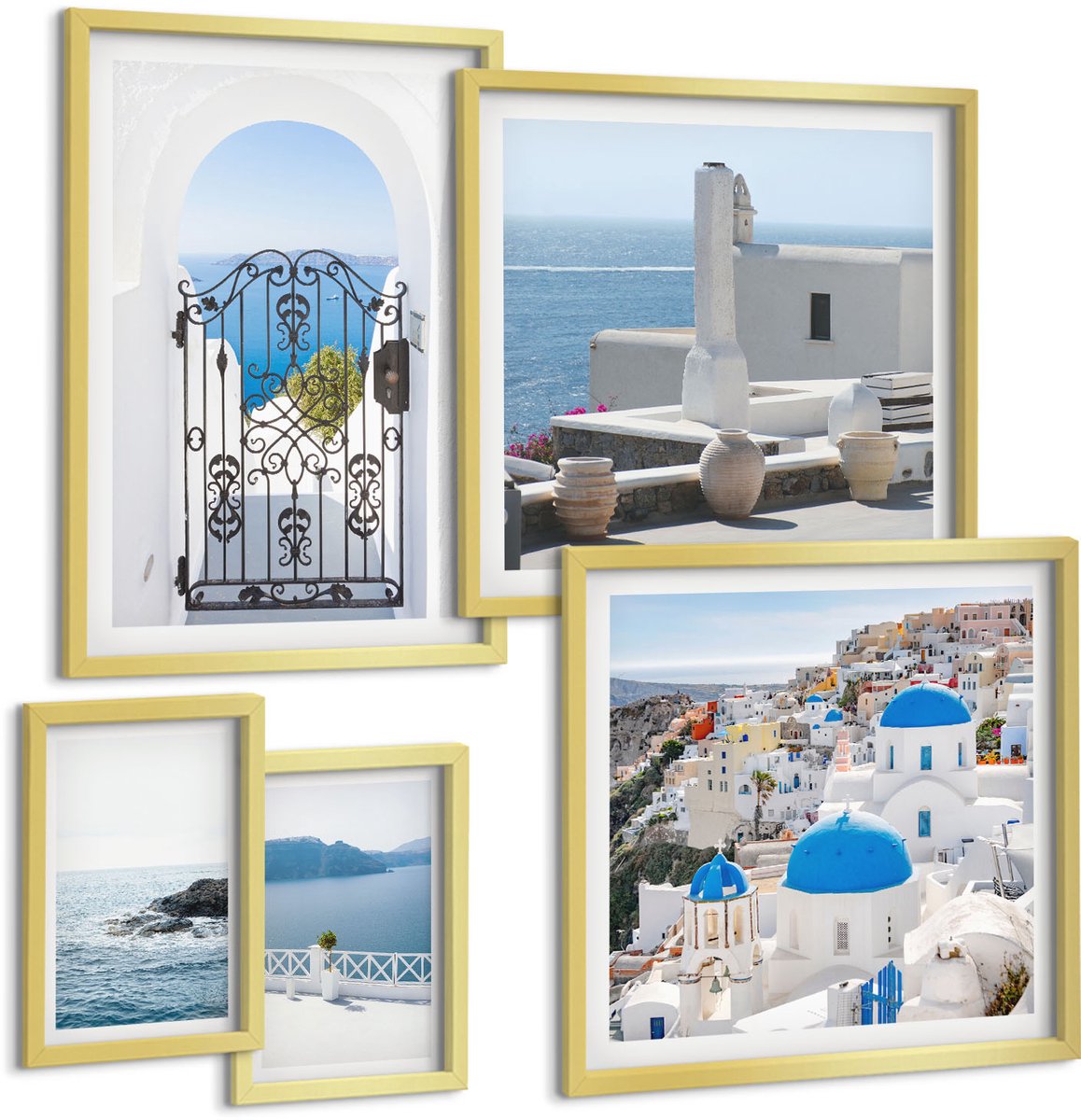 Coloray 5-Delige Schilderij Set - Griekenland, Mediterrane Stijl, Zeezicht En Architectuur - 50 x 50 cm, 20 x 30 cm En 40 x 60 cm - Decoratieve Muurdecoratie - Slaapkamer