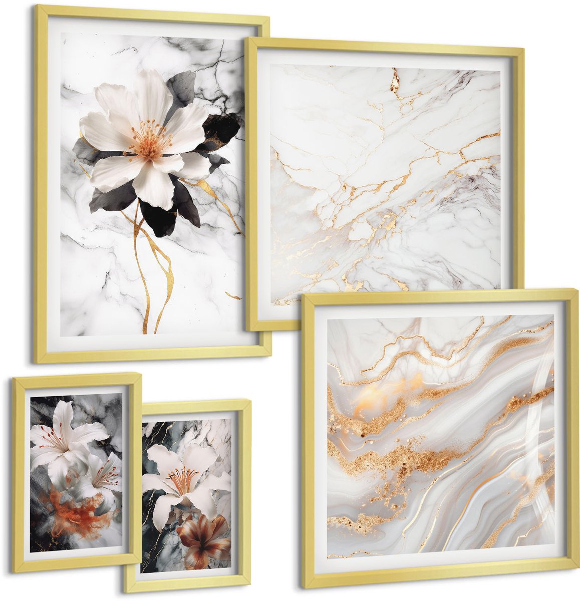 Coloray 5-Delige Schilderij Set - Bloemmotieven Op Een Marmeren Achtergrond In Een Elegante Stijl. - 50 x 50 cm, 20 x 30 cm En 40 x 60 cm - Wanddecoratie - Muurdecoratie - Moderne Interieurdecoratie - Interieur Decoratie