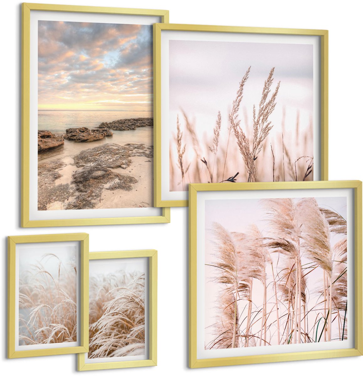 Coloray 5-Delige Schilderij Set - Kustlandschappen Met Vegetatie En Zonsondergang - 50 x 50 cm, 20 x 30 cm En 40 x 60 cm - Schilderijen Set - Wanddecoratie - Woonkamer - Woonkamer Decoratie
