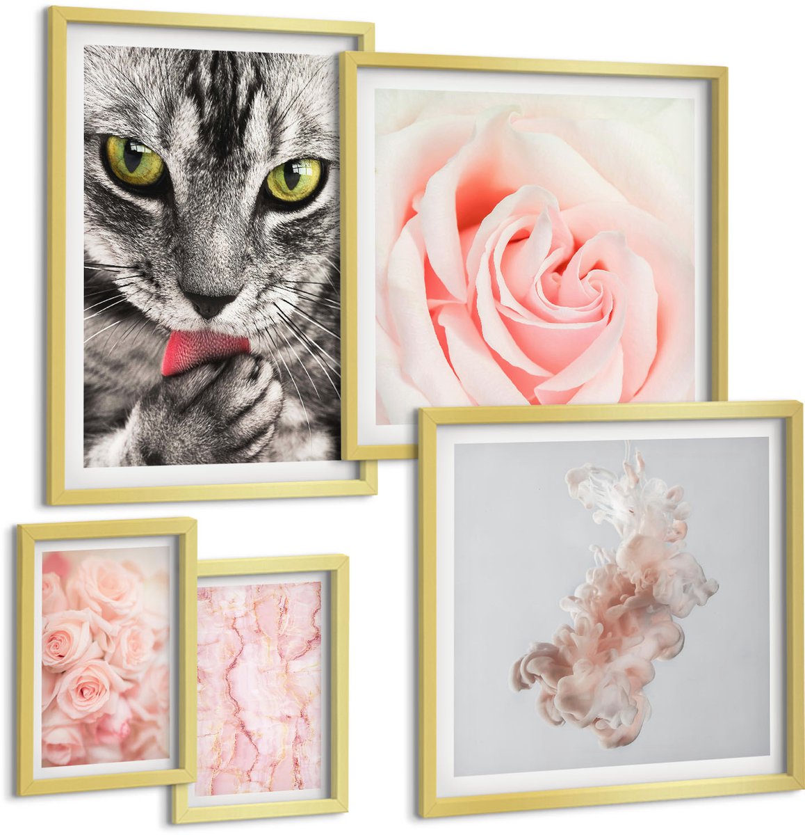Coloray 5-Delige Schilderij Set - Katten En Rozen In Delicate Roze Tinten - 50 x 50 cm, 20 x 30 cm En 40 x 60 cm - Wanddecoratie - Moderne Interieurdecoratie