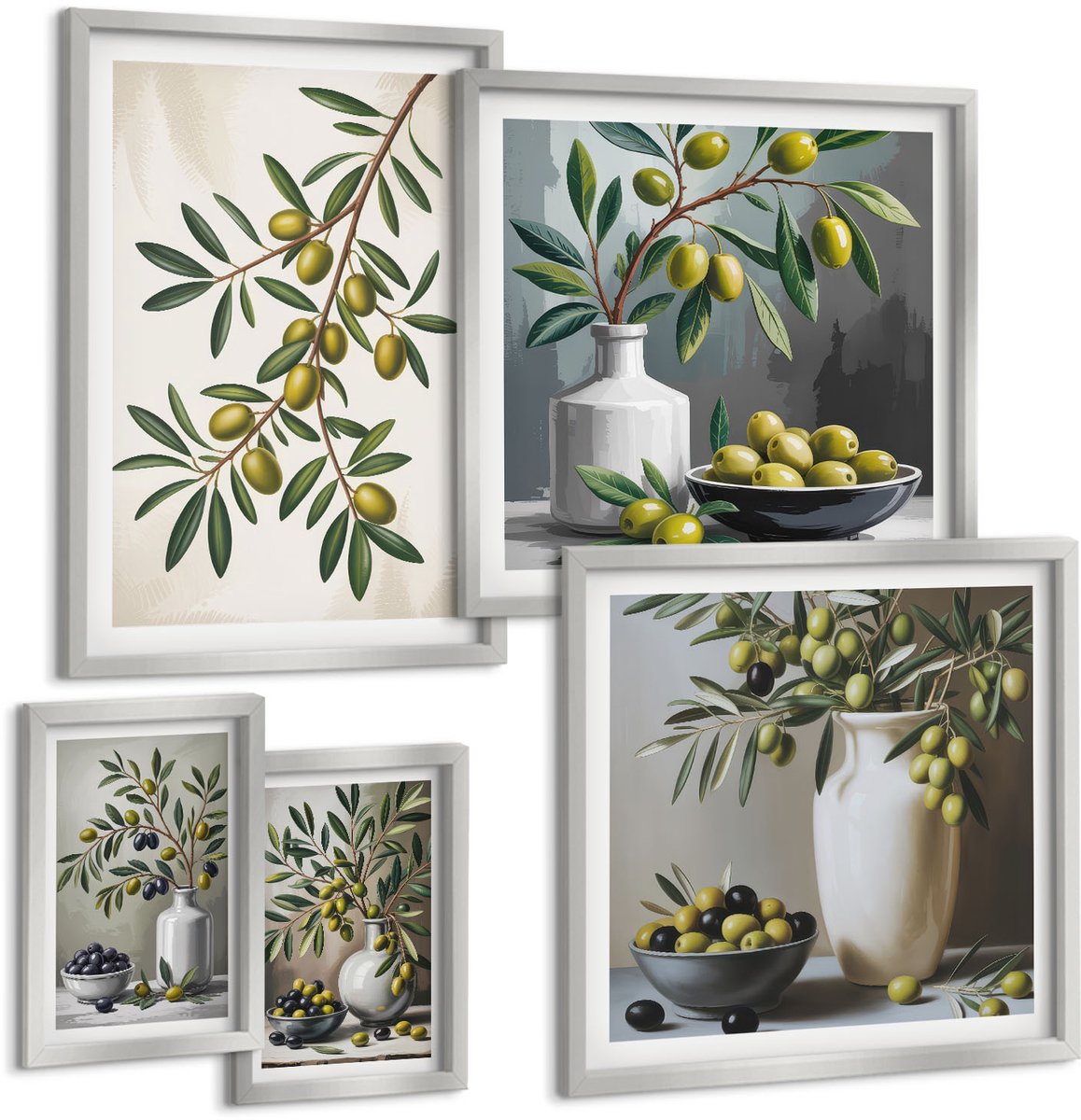 Coloray 5-Delige Schilderij Set - Olijven In Vazen ​​Met Takken Op Een Grijze Achtergrond - 20 x 30 cm - Stijlvolle Muurdecoratie - Kantoor - Wanddecoratie