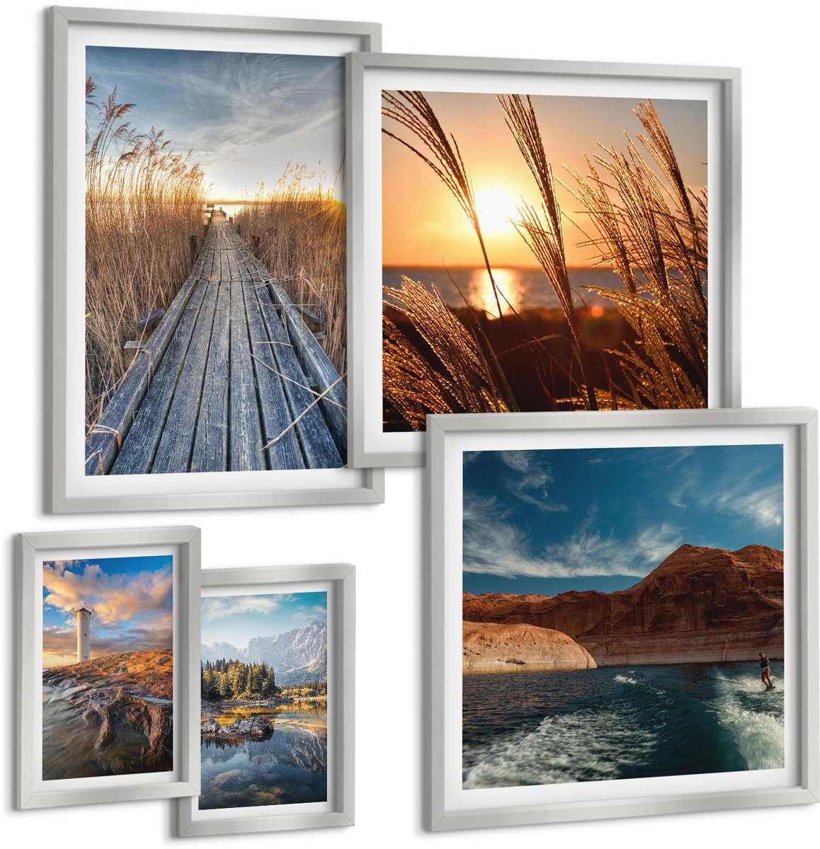 Coloray 5-Delige Schilderij Set - Uitzicht Op De Vuurtoren Over De Zee, Het Gras En Een Houten Pier. - 20 x 30 cm - Wanddecoratie - Muurdecoratie - Moderne Interieurdecoratie - Moderne Wanddecoratie