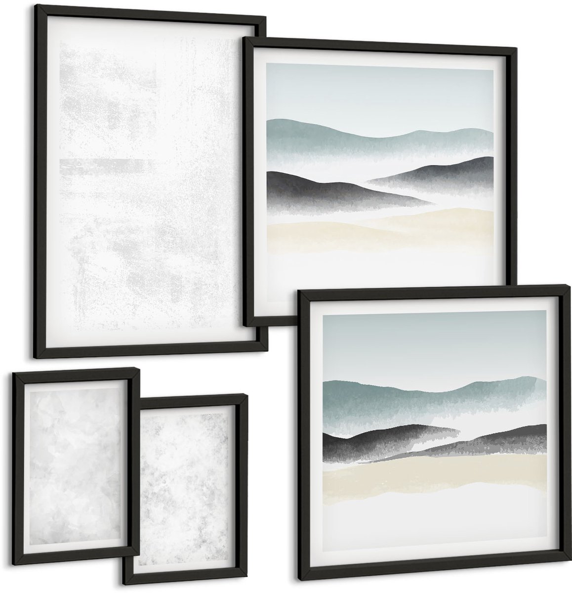 Coloray 5-Delige Schilderij Set - Witte Vlekken Op Canvas En Abstracte, Minimalistische Achtergronden - 50 x 50 cm, 20 x 30 cm En 40 x 60 cm - Decoratieve Muurdecoratie - Slaapkamer - Interieur Decoratie Zwarte lijst