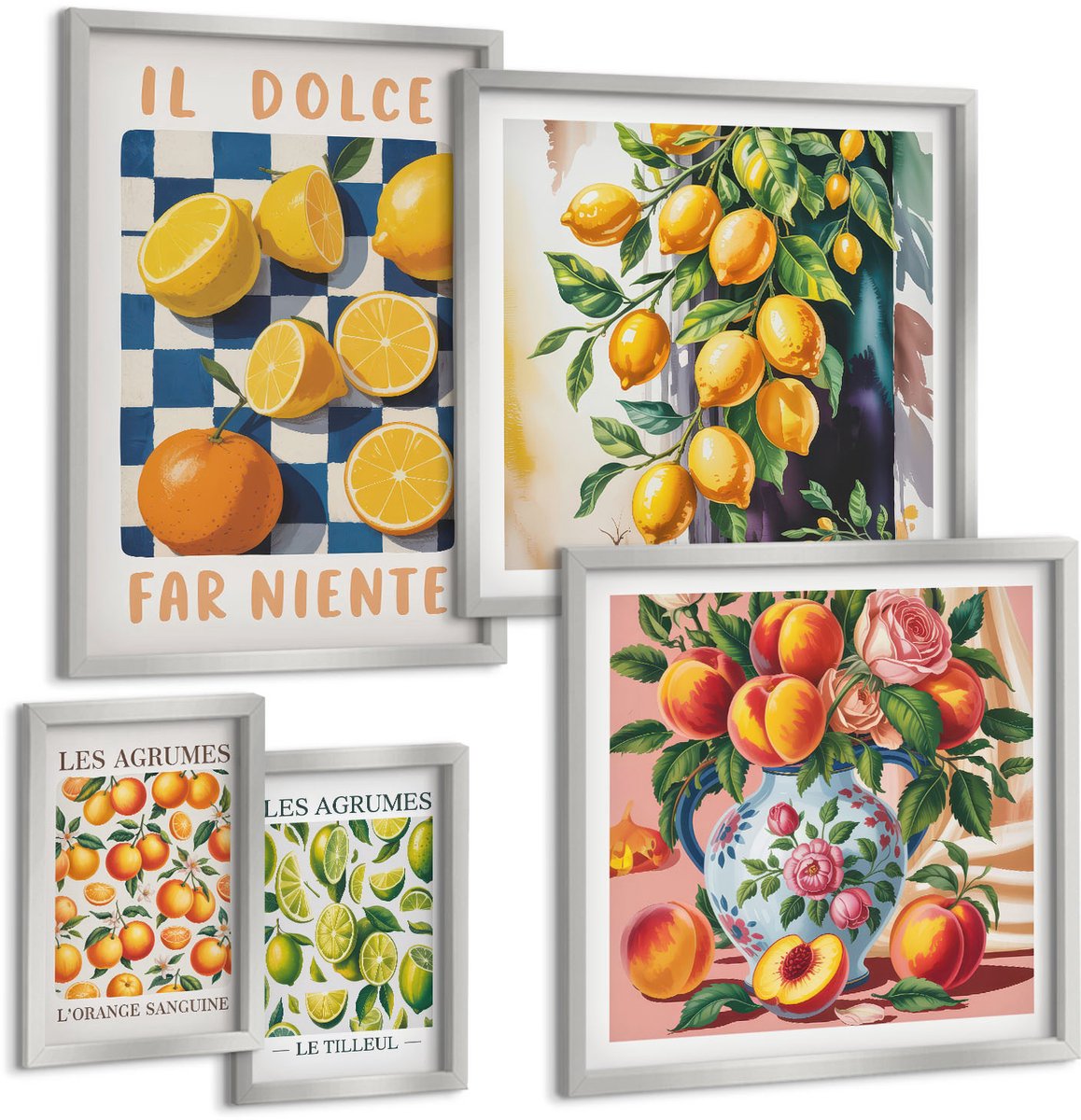 Coloray 5-Delige Schilderij Set - Citroenbomen In Potten En Vazen - 20 x 30 cm - Wanddecoratie - Muurdecoratie - Woonkamer - Decoratieve Schilderijen