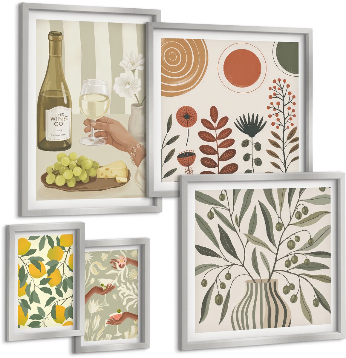 Coloray 5-Delige Schilderij Set - Bloemenpatronen In Oranje En Groene Tinten. - 20 x 30 cm - Wanddecoratie - Woonkamer Decoratie - Decoratieve Schilderijen