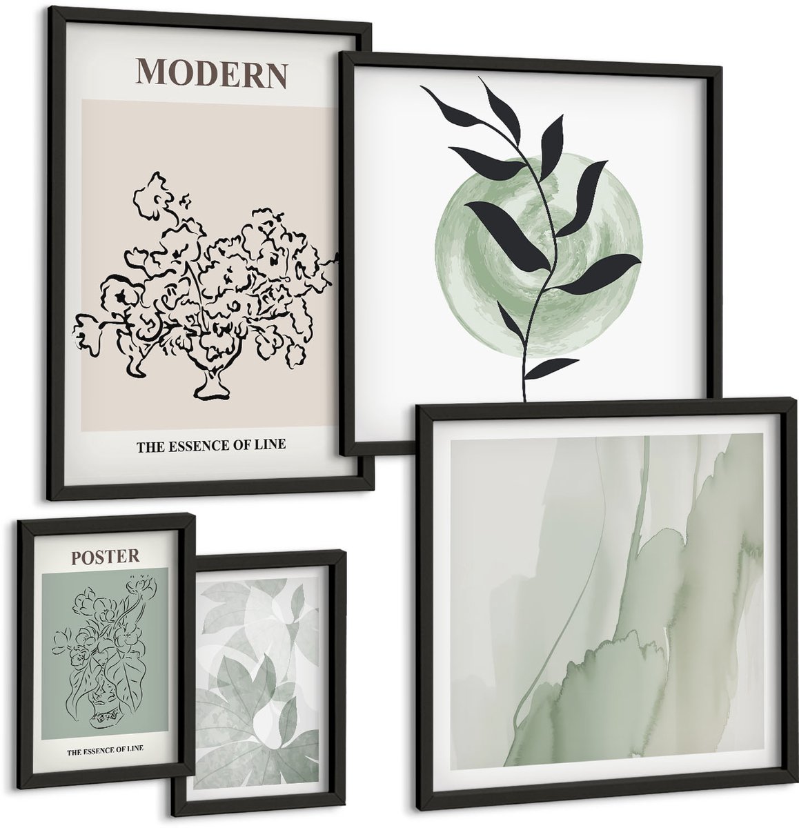 Coloray 5-Delige Schilderij Set - Moderne Decoraties In Minimalistische Stijl Met Plantmotieven - 50 x 50 cm, 20 x 30 cm En 40 x 60 cm - Decoratieve Schilderijen - Wanddecoratie - Hal - Moderne Wanddecoratie