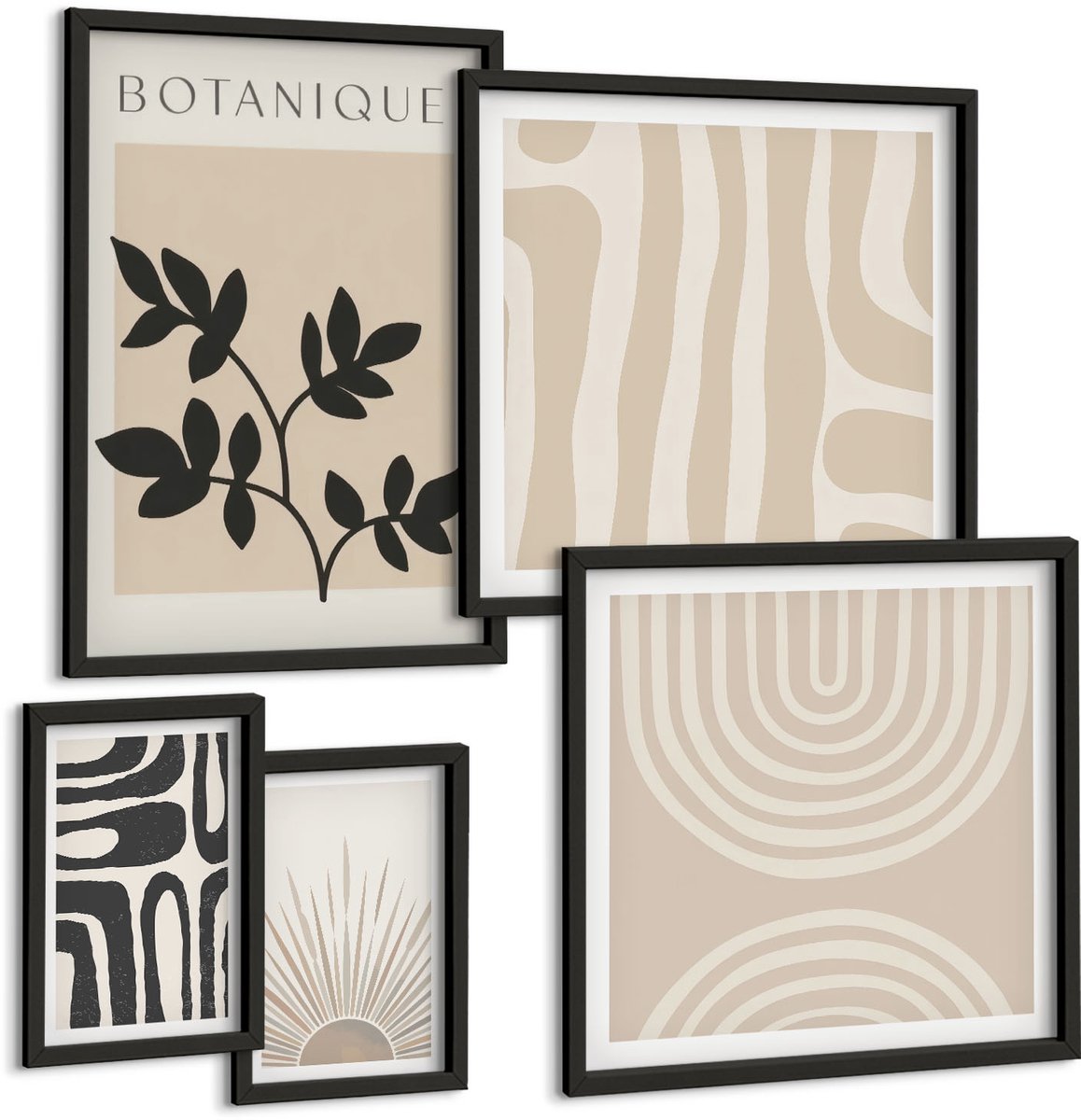 Coloray 5-Delige Schilderij Set - Stijlvolle Plantmotieven In Neutrale Tinten - 50 x 50 cm, 20 x 30 cm En 40 x 60 cm - Moderne Wanddecoratie - Woonkamer