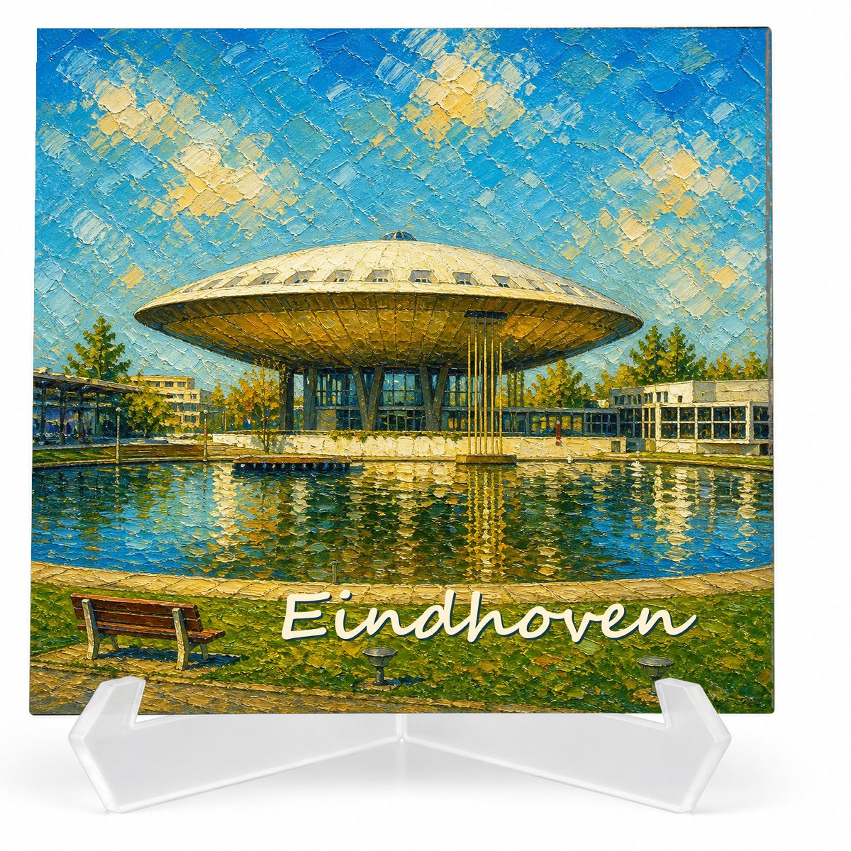 Kleurmedia Tegeltje Eindhoven – Evoluon Vijver – Keramiek 15 x 15 cm – Inclusief transparante houder – Souvenir