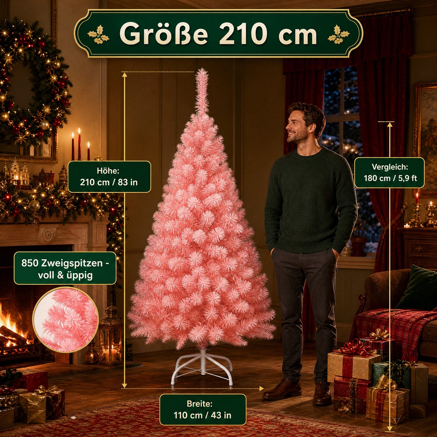 Froadp 210CM Roze kunstkerstboom, vlamvertragend pvc, natuurlijk ogende naalden, stevige standaard van roestvrij staal/kunststof, herbruikbaar, eenvoudig te monteren; geschikt voor woonkamers, etalages en bedrijfspanden. – foto 2