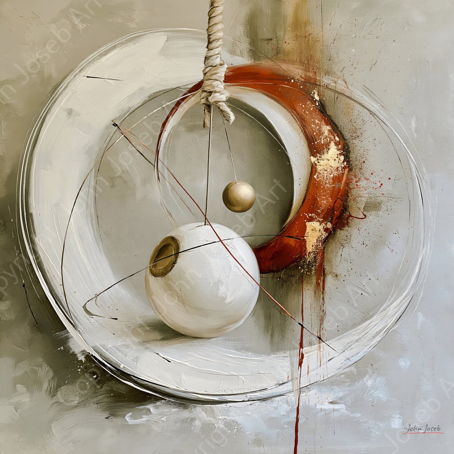 John Joseb Art (Glas) 60x60 | Abstract, geometrisch, cirkels, ballen aan touw, Japandi, industrieel, kunst, vierkant, grijs, beige, bruin, zilver, rood, modern | Foto-schilderij-glasschilderij-acrylglas-acrylaat-wanddecoratie Acrylglas, dikte 5 mm
