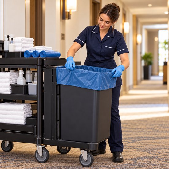 Schoonmaker in uniform met blauwe handschoenen plaatst een blauwe afvalzak in een zwarte afvalbak op een hotelkar.