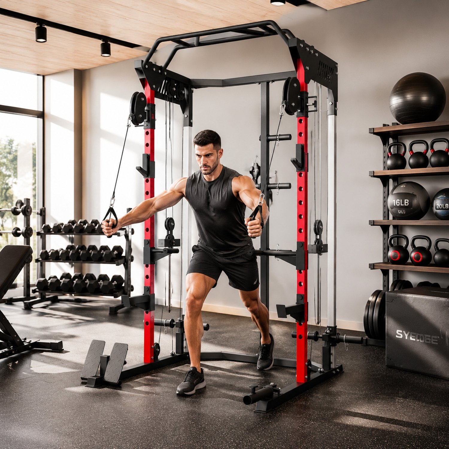 Sporton Krachtstation met Power Rack en dubbel kabelzugsysteem - In hoogte verstelbaar - 168 x 128 x 215 cm - Zwart thumbnail 4
