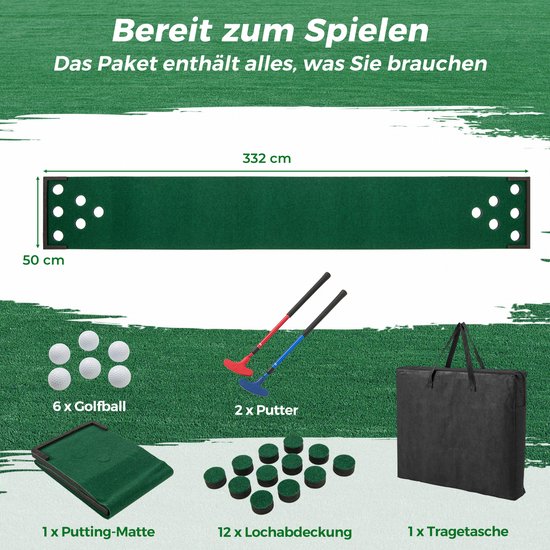 COSTWAY Golfpong Puttingmat, 332 x 50 cm, groen met 2 verstelbare putters, 6 ballen en 12 gatafdekkingen, draagbare golfmat voor binnen en buiten, trainingsmat voor feest, tuin van Costway — afbeelding 4