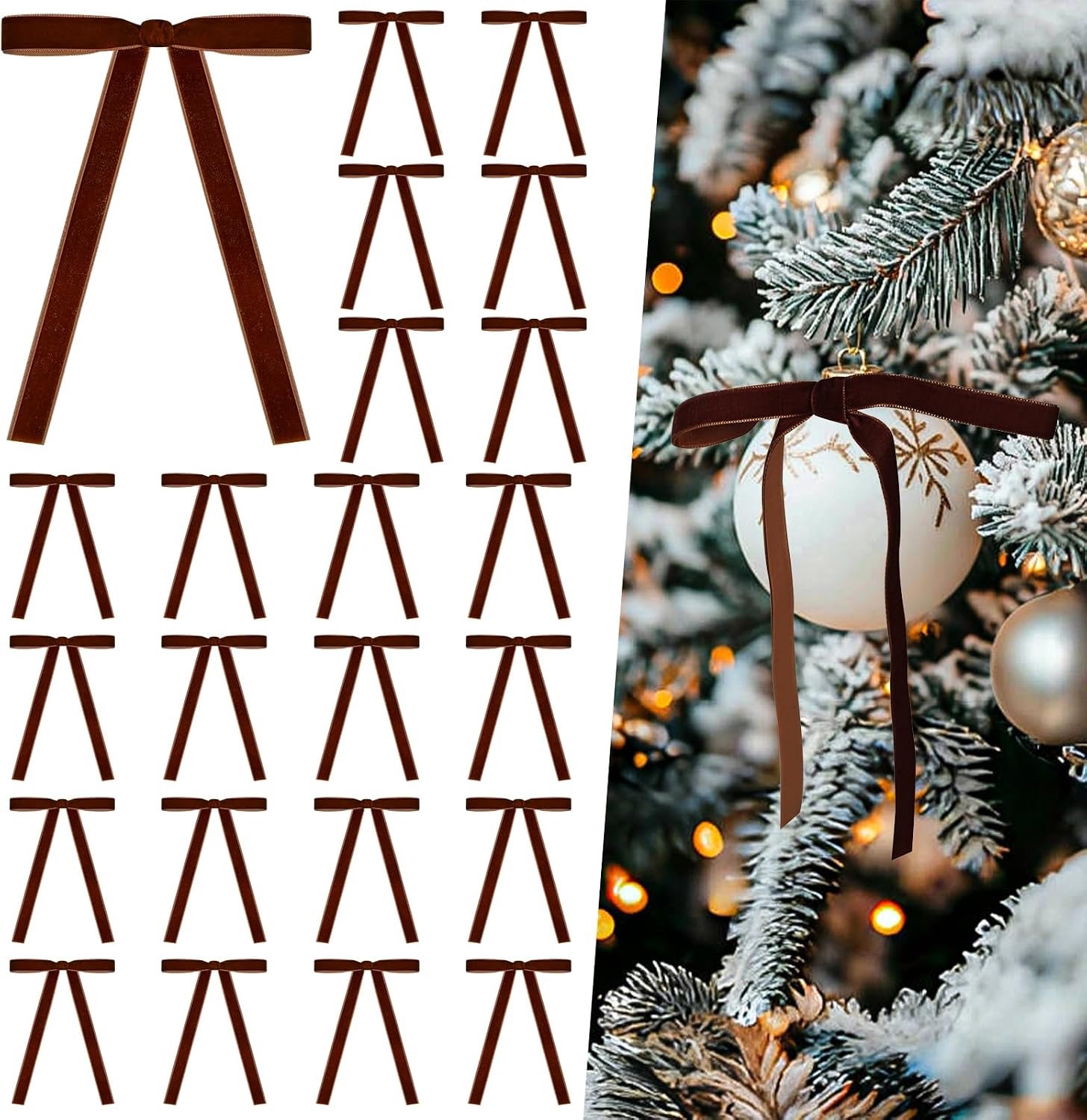 24 stuks fluwelen bogen voor kerstboom 1 cm breed, bruin