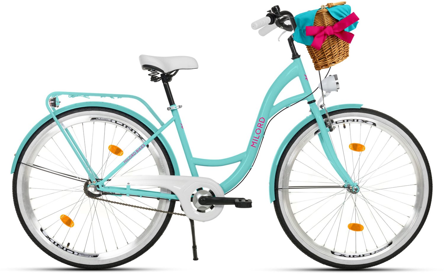Milord damesfiets 26 inch 3 versnellingen blauw frame rieten mand