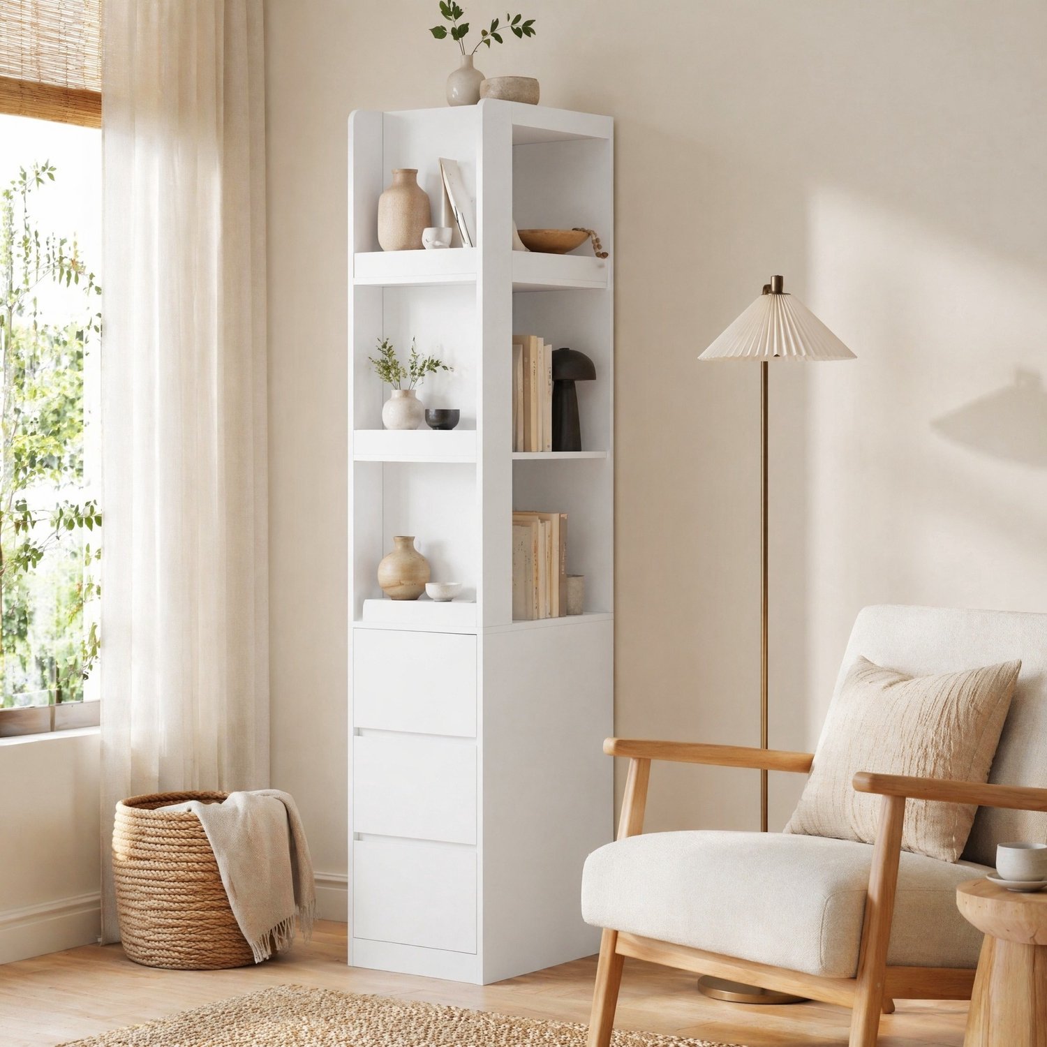 MEUNIQ Smalle boekenkast 60 x 40 x 200 cm – witte kast met 3 open vakken en 3 lades, aan beide zijden te gebruiken, met kantelbeveiliging