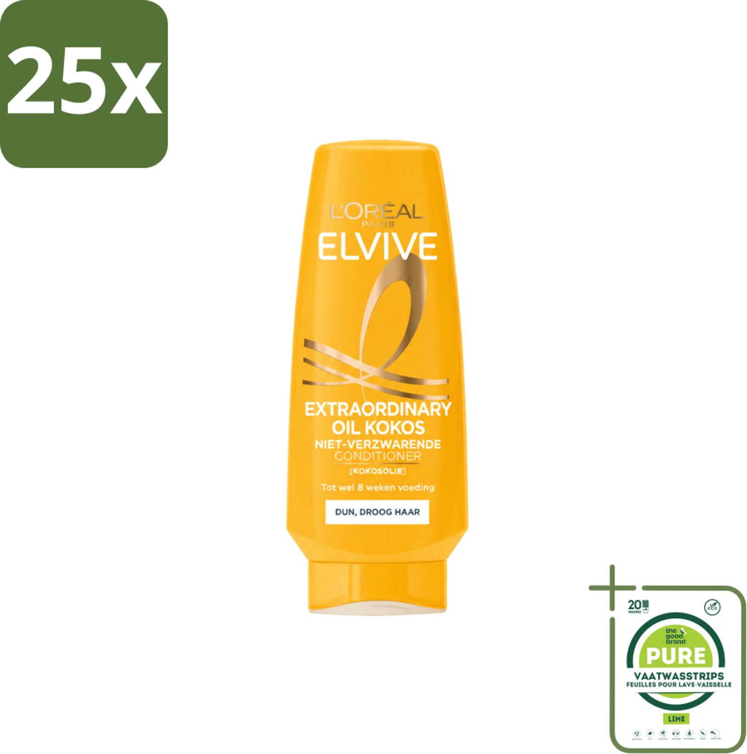25 x L’Oréal Paris Elvive – Conditioner – Extraordinary Oil Kokos – 200 ml - Grootverpakking - Vaatwasstrips - Kokosolie Conditioner - Droog Haar - Haar Verzorging - Haar Voeding - Haar Zachtheid