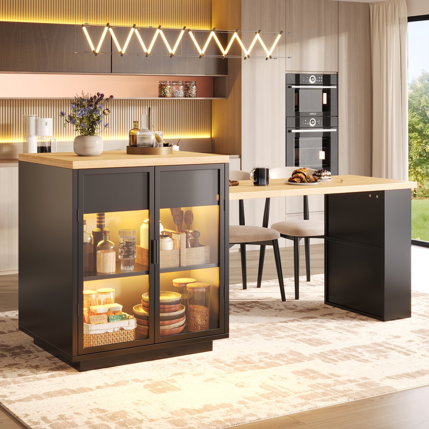 OKWISH Eettafel - Uitschuifbaar Keukeneiland Met Opbergruimte En Ledverlichting - Voor De Keuken - Zwart MDF En Metaal - 122-194,5 x 70 x 94 cm