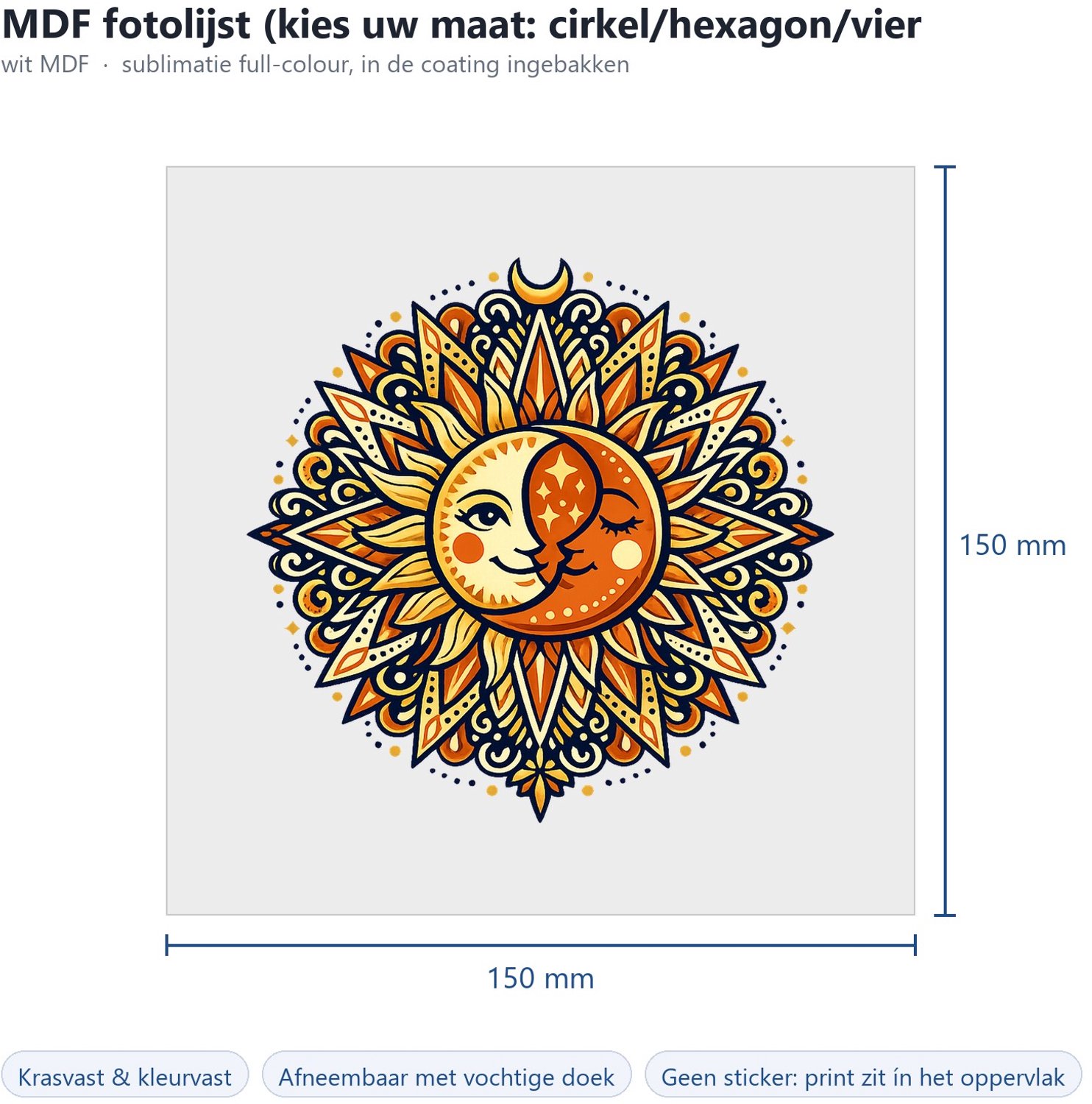 Mr Cadeautjes MDF fotolijst - design Zon & maan mandala | cadeau Wit
