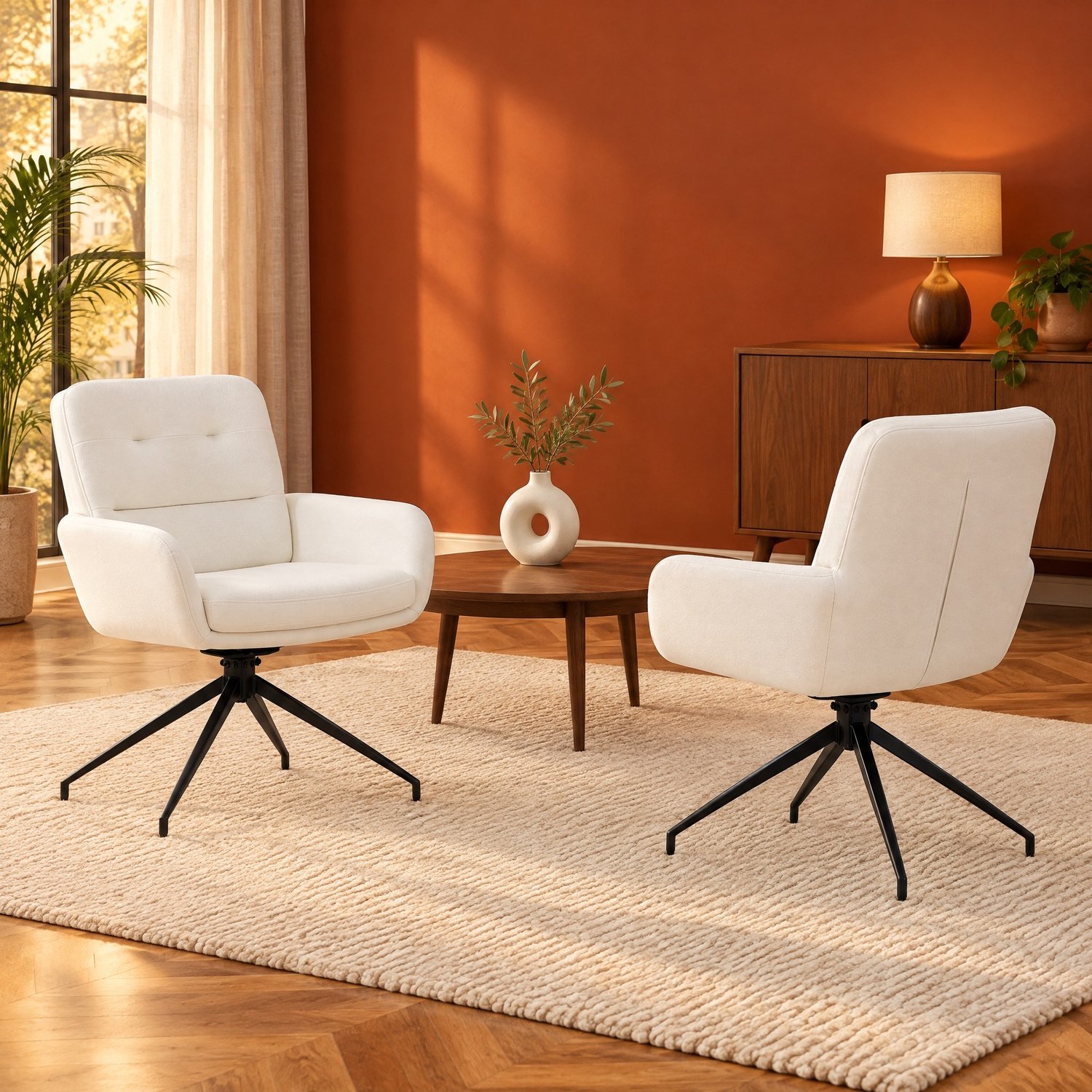MEUNIQ draaibare eetkamerstoelen set van 2 – witte kunstleren bekleding, zwart metalen onderstel, armleuningen en 360° draaifunctie