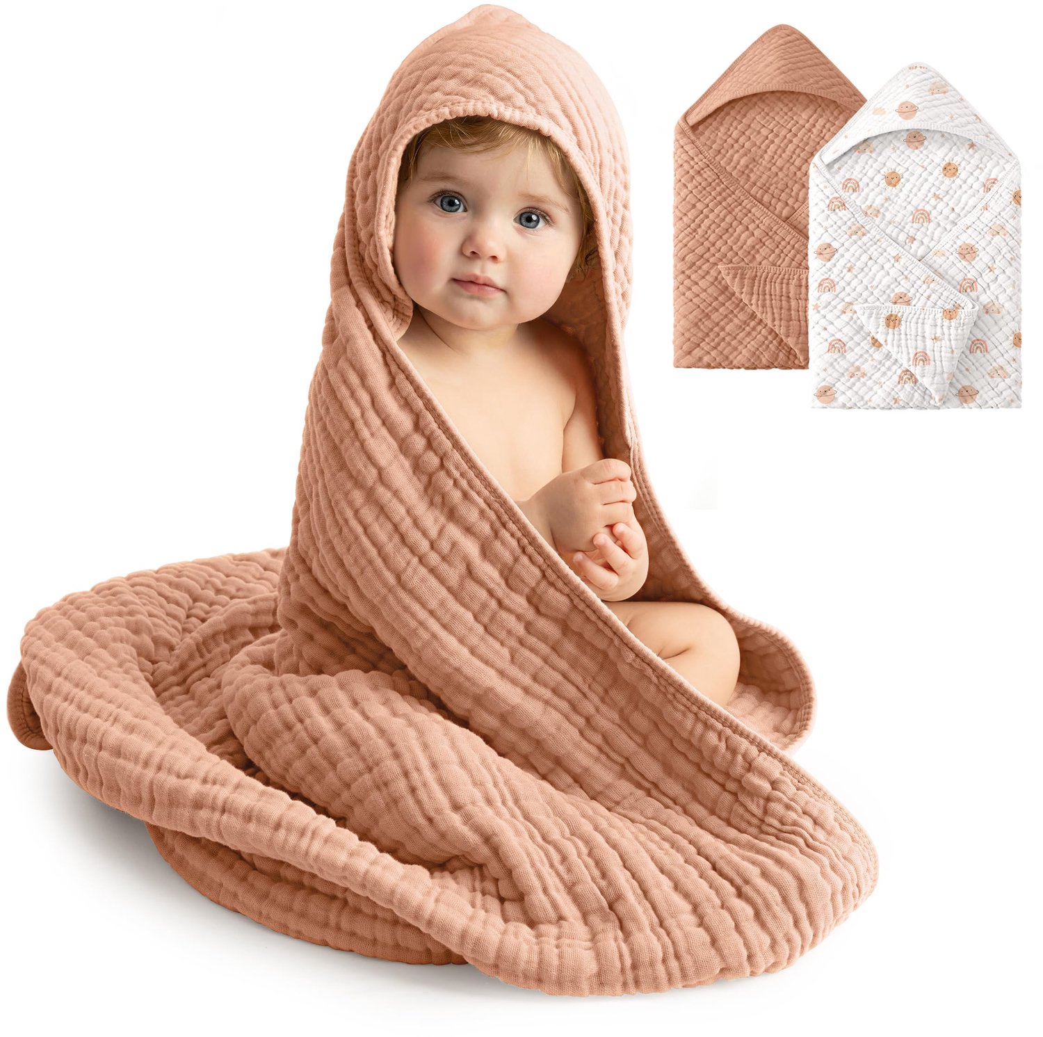 Baby Badhanddoeken met Capuchon - 100% Mousseline Katoen - Oranje Regenboog