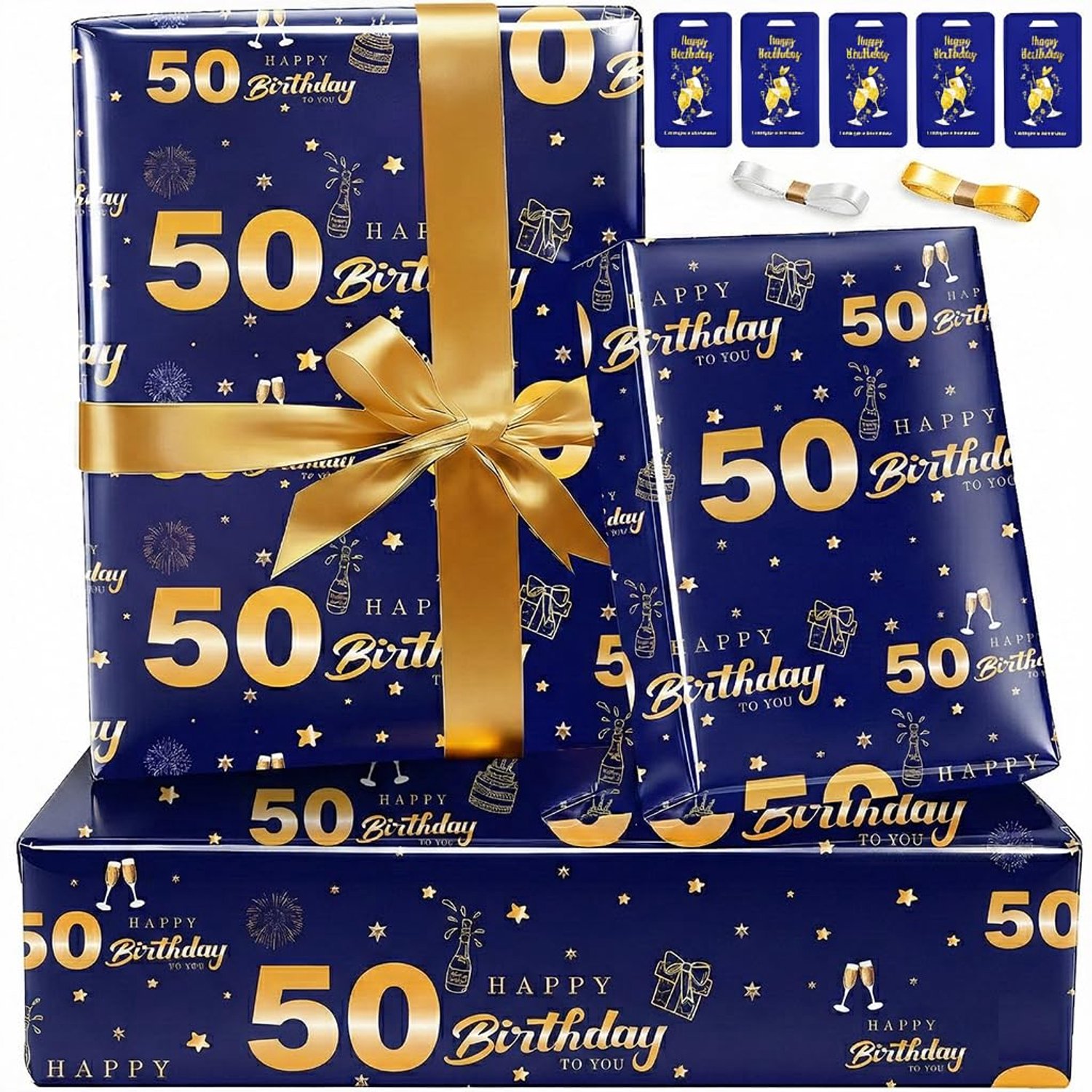 Cadeaupapier voor 50e Verjaardag, Blauw Goud, 5 Stuks 70 x 50 cm