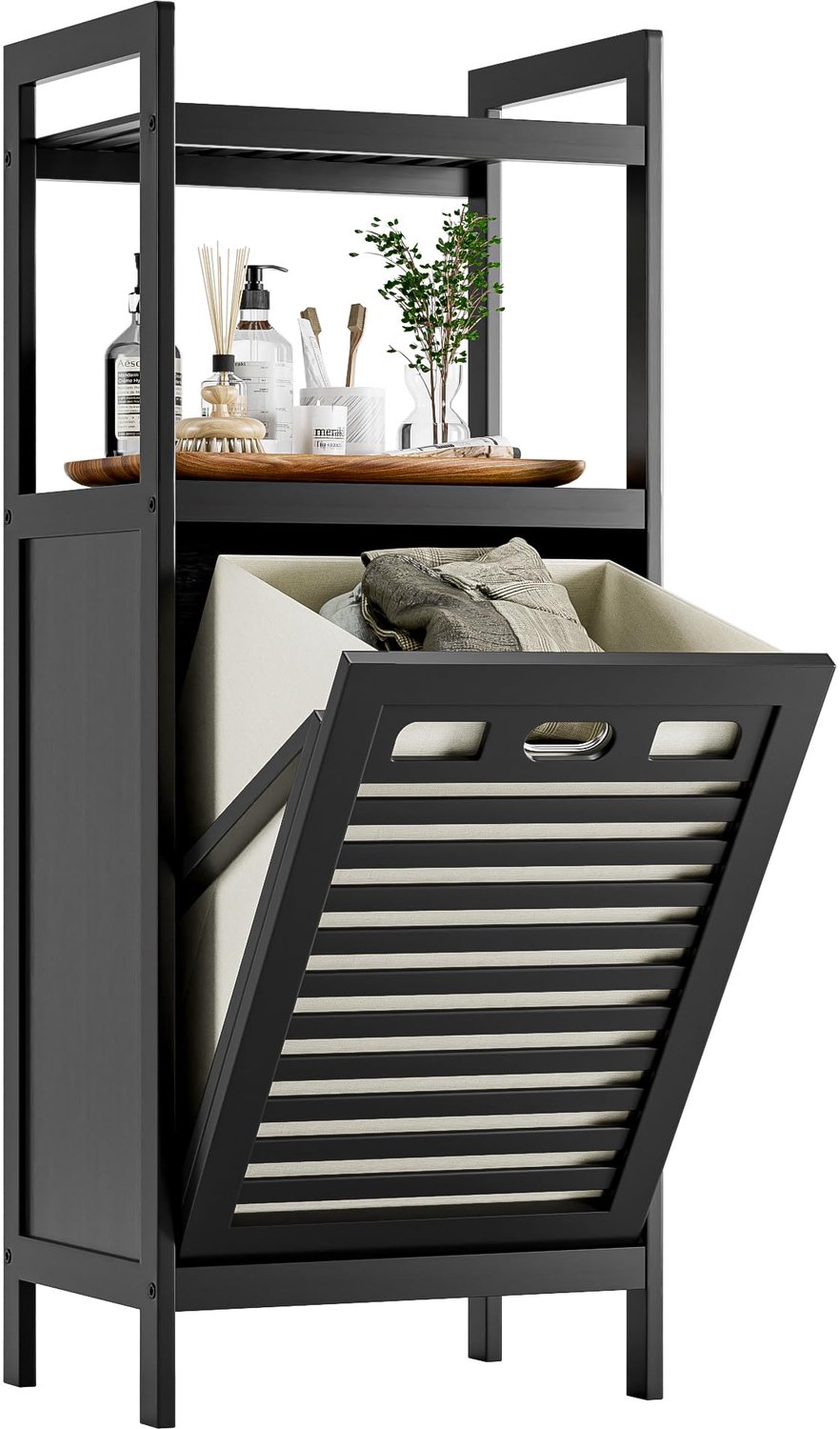 Wasmandkast met verwijderbare mand - Bamboe opbergkast - Ruimtebesparend meubel - Multifunctioneel - Handvatten voor verplaatsing - Stijlvol design