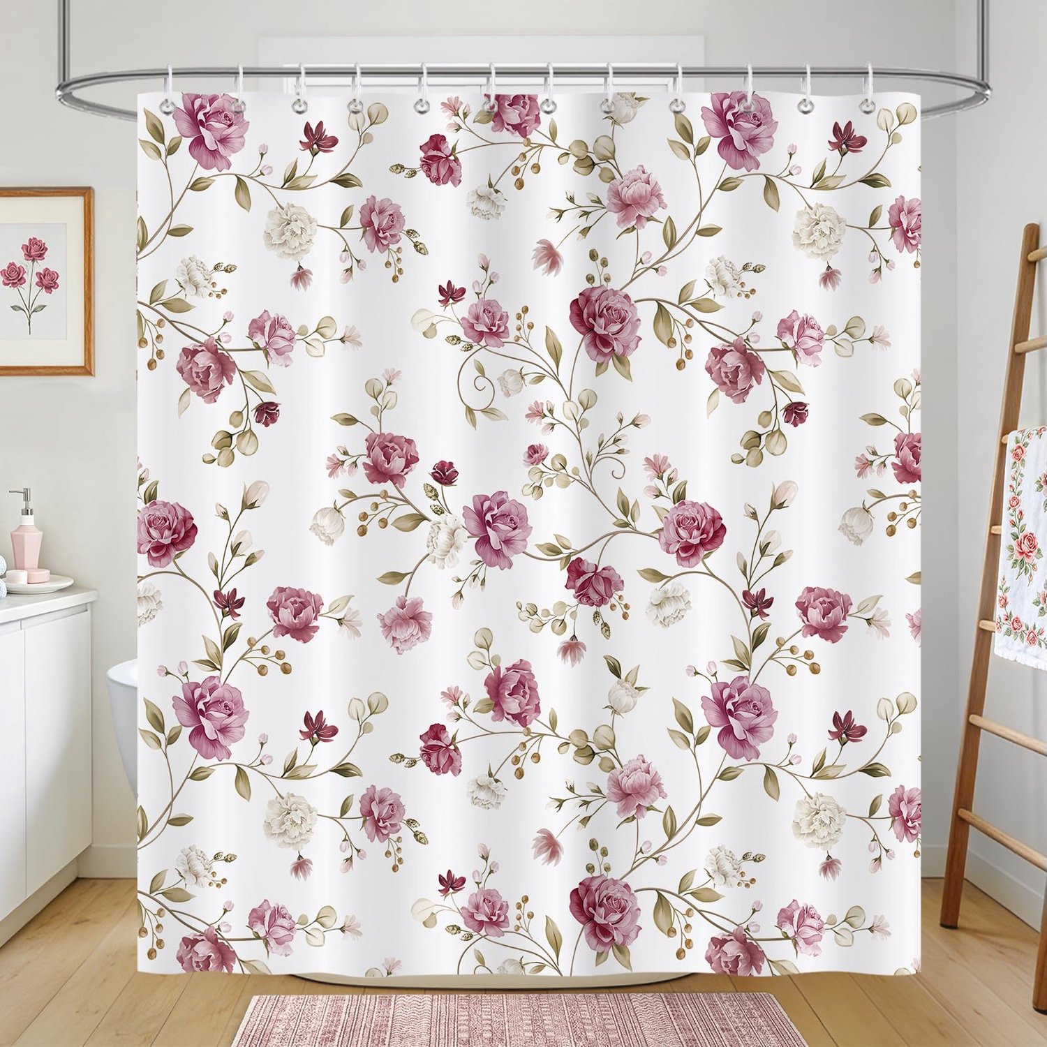 Vintage Roze Bloemen Douchegordijn 180x180cm Waterafstotend
