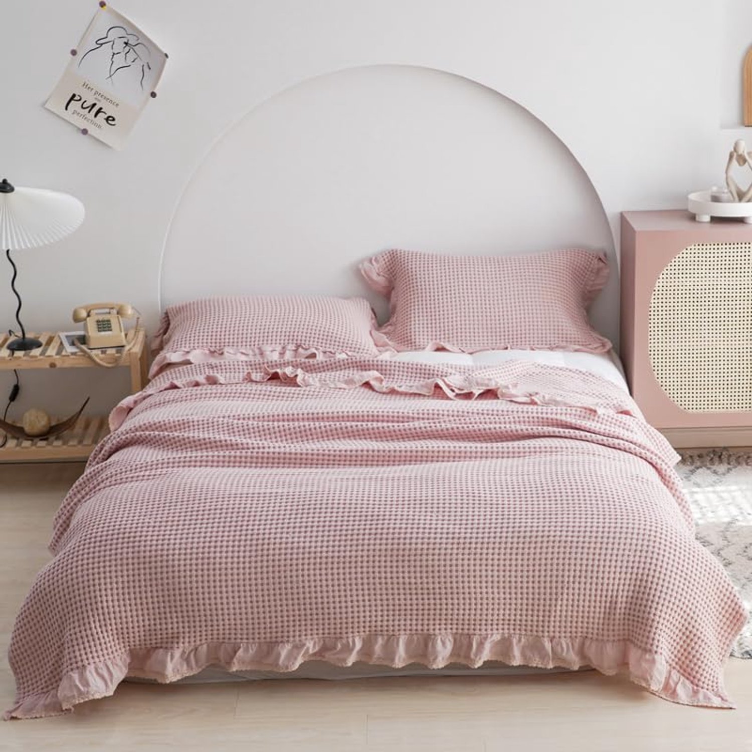 Wafeldeken van Katoen - Roze 200 x 230 cm met Ruches