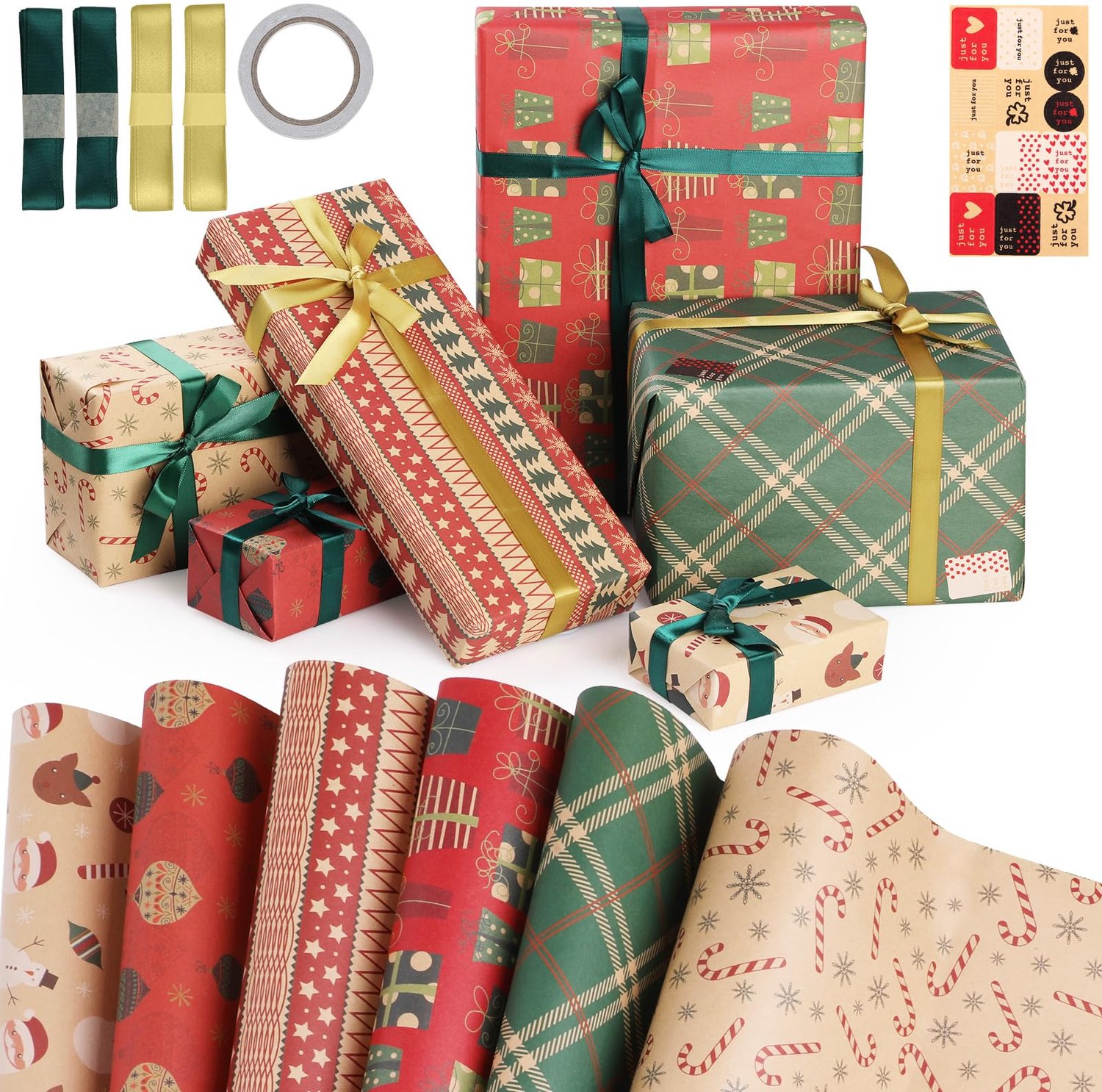 Set van 6 Kerst Cadeaupapier met Stickers en Versiering