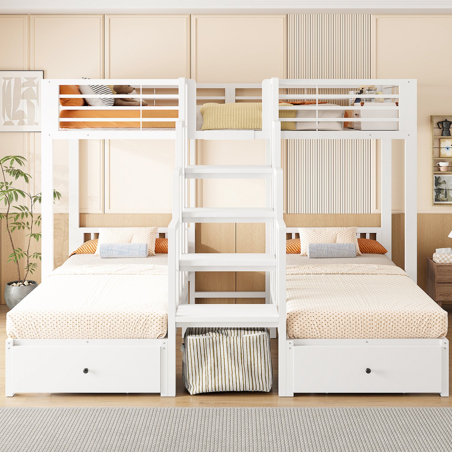 HAUSS SPOLE Stapelbed 90x200 cm - Drie Slaapplaatsen met Centrale Trap - Twee Opberglades en Valbeveiliging - Zonder matras - Metaal en Hout - Wit