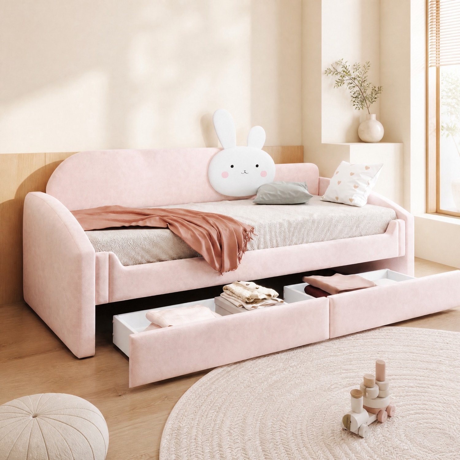 MEUNIQ Kinderbed in slaapbankstijl 90 x 200 cm – roze fluwelen bekleding, 2 opberglades, ledverlichting, lattenbodem en konijnvormig kussen