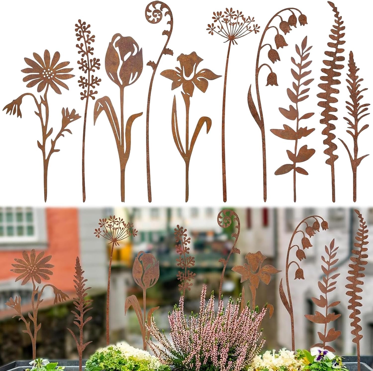 Bloemenharingen van roestmetaal, 10 stuks, voor tuin, binnenplaats, terras, balkon - ShopVlot