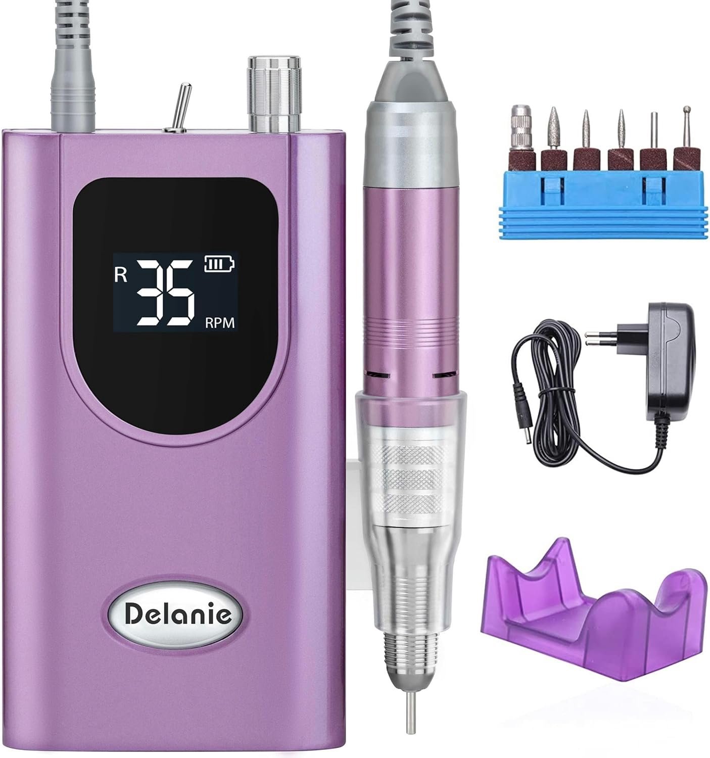 SnelShoppen - Professionele Nagelvijl Set voor Manicure en Pedicure, Draagbaar en Oplaadbaar, 35.000 RPM, Instelbare Snelheid met LED Display, Paars