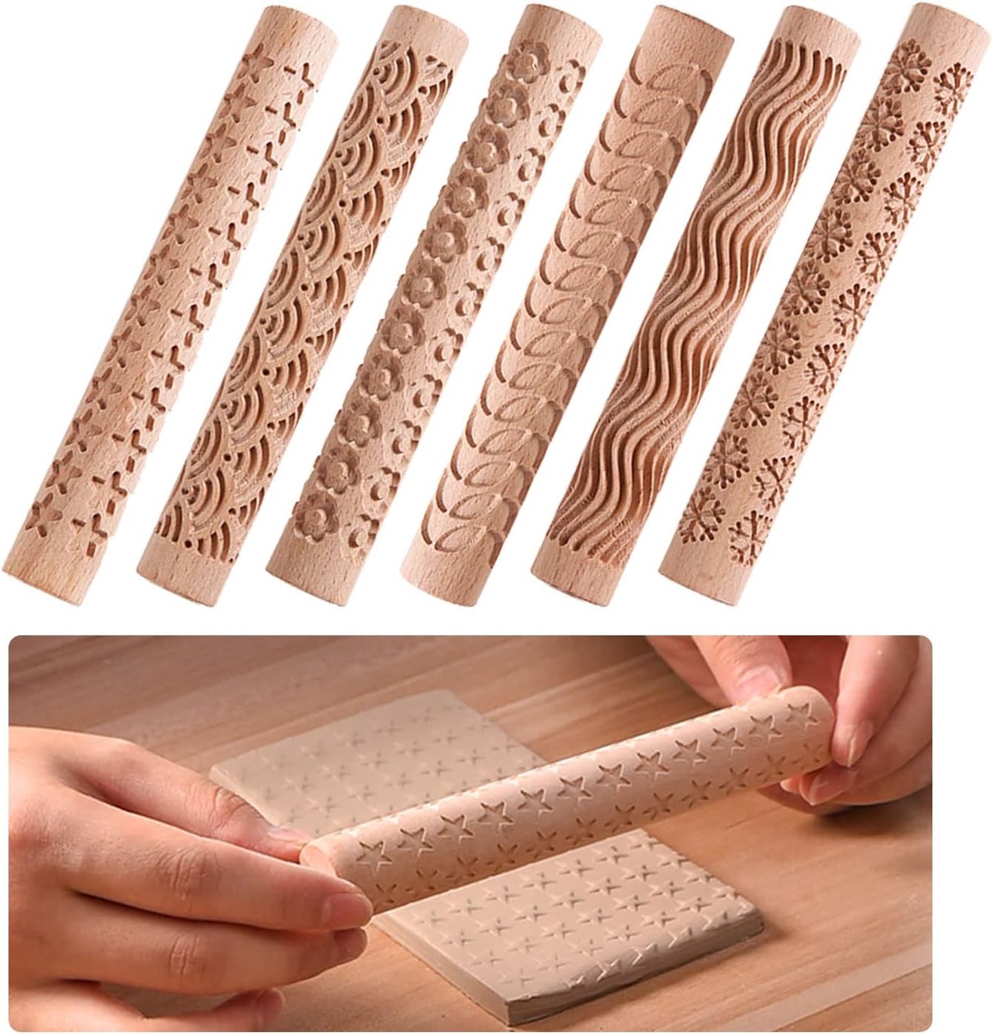 6pcs Wooden Clay Modelling Pattern Roller Kit with Woven Handle - Pottery Ceramic Carved Tools - ShopVlot