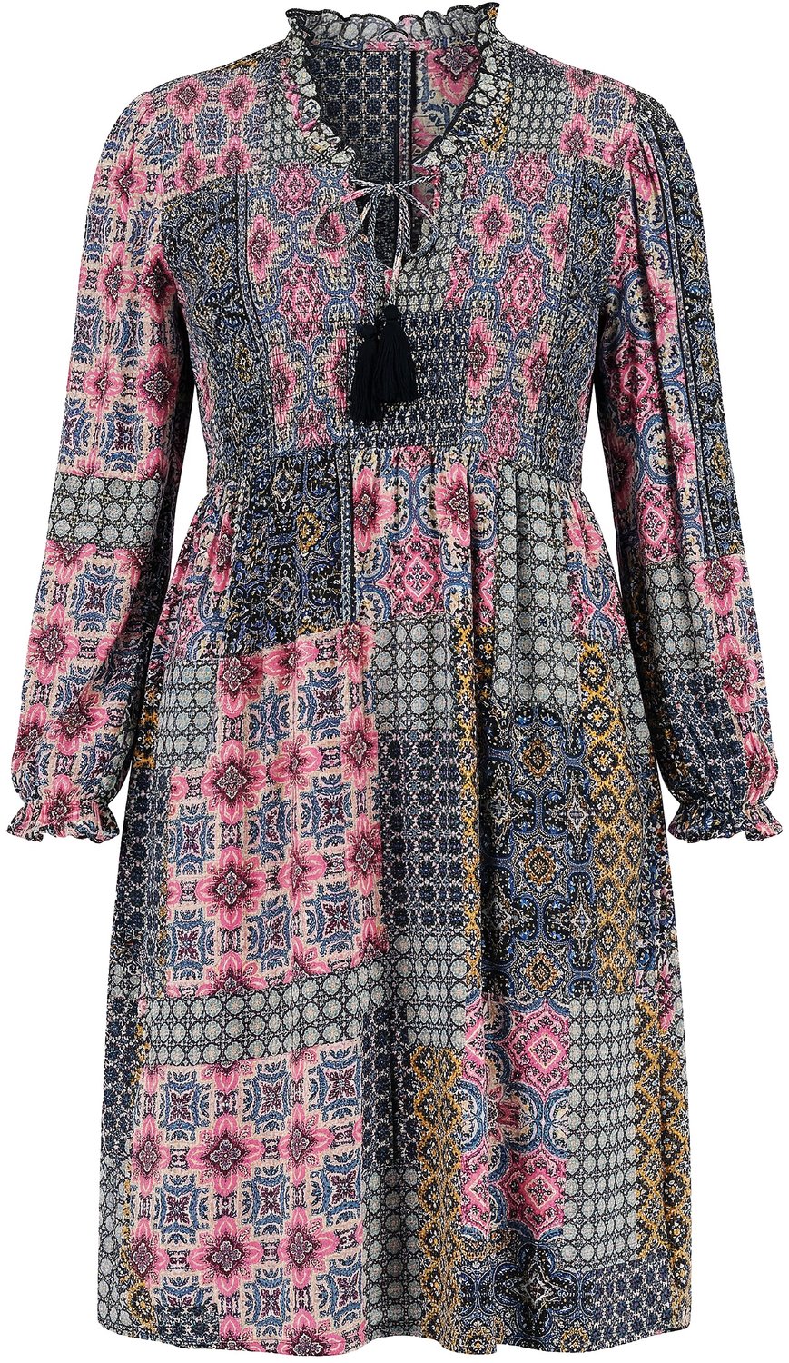 Ulla Popken - Dames - Midi-jurk patchprint A-lijn tuniekhals - Mosterd - Maat 58+