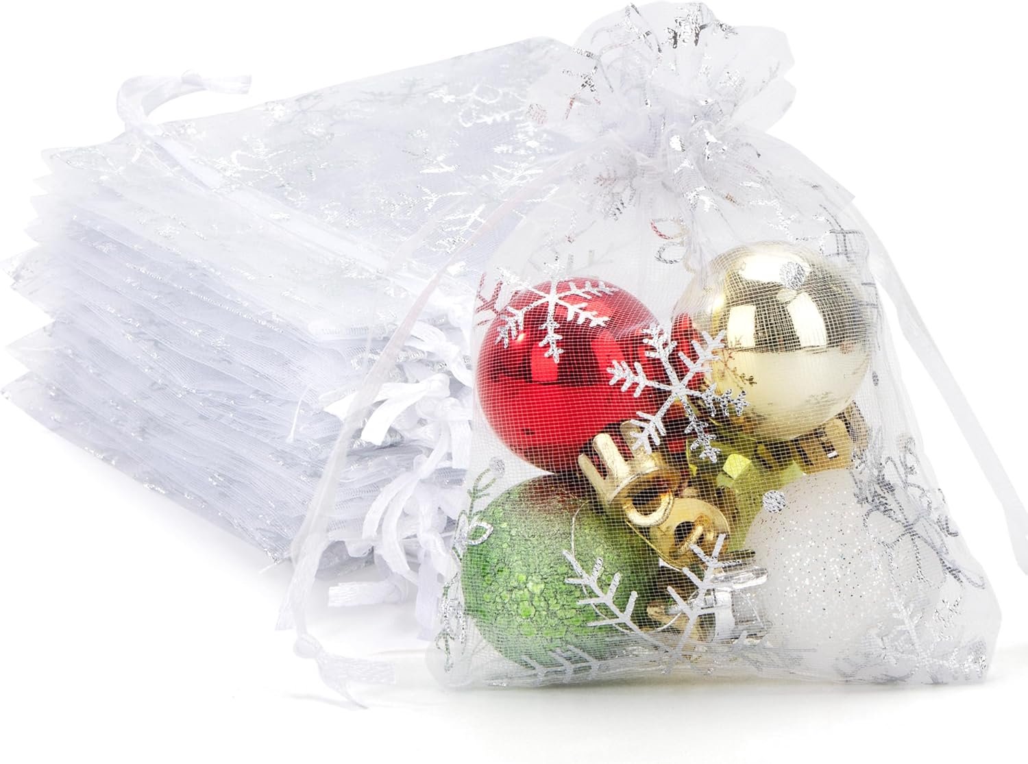 Organza zakje 9 x 12 cm - sneeuwvlok ontwerp - 100 stuks - ideaal voor kerstcadeaus - Vemera