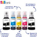 Vijf Epson EcoTank inktflessen in zwart, cyaan, magenta en geel met tekst over besparing en inktcapaciteit.