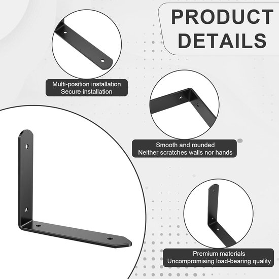 Set van 4 U-vormige metalen wandsteunen, 14 cm lang, 25 kg draagvermogen per paar voor uitschuifbare planken in woonkamer, keuken en badkamer, zwart van Merkloos — afbeelding 3