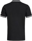 Zwart poloshirt met korte mouwen en grijze strepen op de kraag en mouwboorden, achterkant.