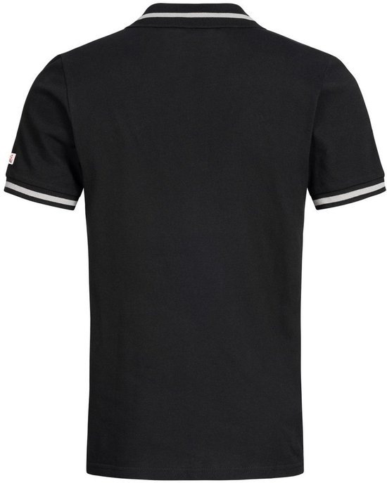 Zwart poloshirt met korte mouwen en grijze strepen op de kraag en mouwboorden, achterkant.
